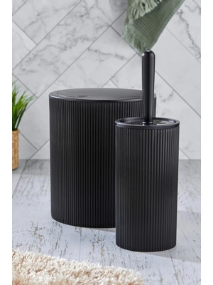 PremiumPort Şık Yuvarlak Çöp Kovası ve Tuvalet Fırçası Seti, Siyah Renkli