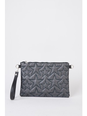 Vivaq Kadın Füme Simli Yıldız Nakışlı Suni Deri Bilek ve Zincir Askılı Portföy El ve Clutch Çanta