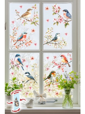 Msticker Çift Taraflı Cam Sticker Kuş ve Çiçek Seti – 57 Parça Bahar Temalı Pencere Süsü, %100 Net Görünüm