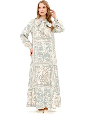 Lale Butik Yakası Bağlama Detay Etnik Desen Elbise 330347 Mint