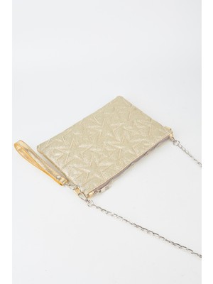 Vivaq Kadın Sarı Simli Yıldız Nakışlı Suni Deri Bilek ve Zincir Askılı Portföy El ve Clutch Çanta