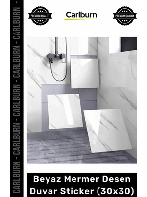 Carlburn Dayanıklı Nem Su Yağ Geçirmez Mutfak Banyo Tezgah Şık Kendinden Yapışkanlı Beyaz Mermer 30X30CM