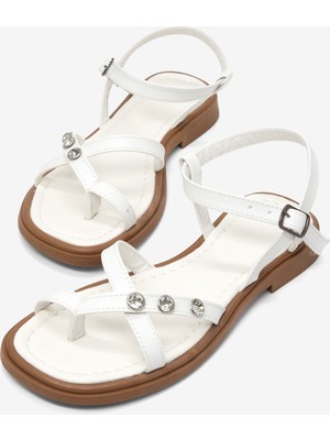 Tonny Black Kadın Beyaz Rahat Kalıp Taşlı Parmak Arası Sandalet