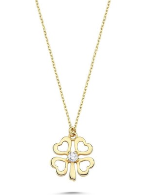 Zümrüt Sarraf 14 Ayar Altın Yonca Modelli Tek Zirkon Taşlı Kalpli Kolye