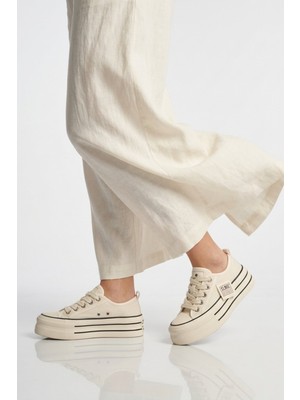 Ayakmod Bej Keten Hafif Bağcıklı Kadın Casual Ayakkabı 2011 G