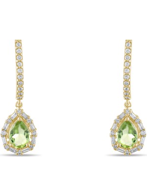 Lial Diamond 1.59 Karat Pırlanta Peridot Küpe, Doğal Pırlanta, Sertifikalı Mücevher