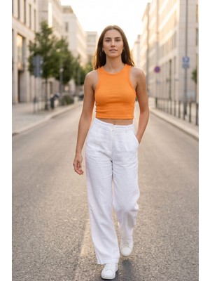 Lupinn Kadın Turuncu Fitilli Crop Atlet Yüksek Bel Kombin Uyumlu Esnek Vücuda Oturan Yazlık Crop Bluz