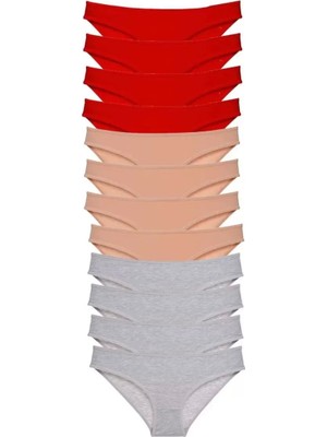 Modenya 12 Adet Eko Set Likralı Kadın Slip Külot Kırmızı Ten Gri