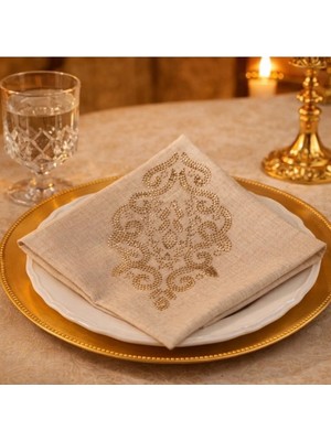 6’lı Altın Saray Desenli Keten Peçete Seti – 34X34 cm Dekoratif Davet Sofrası Masa Peçetesi