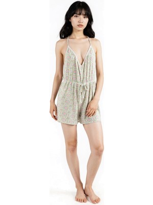 Ecrou Kadın Ekru Geometrik Desenli Soft Tuşeli Ip Askılı Pijama Tulum
