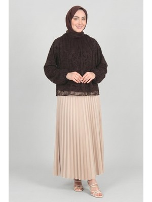 Kahverengi Norshen Kadın Dantel Desen Yaka Fularlı Bluz-Astarlı
