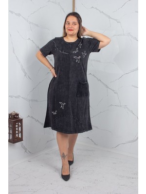 Truva Xxl Büyük Beden Taş Baskılı Yıkamalı Pamuklu Elbise Siyah
