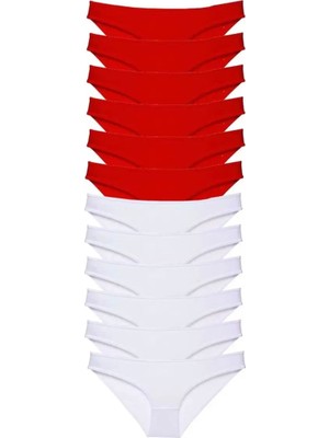 Modenya 12 Adet Süper Eko Set Likralı Kadın Slip Külot Kırmızı Beyaz