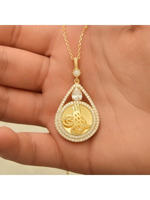 Elwes Gümüş Gold Kaplama Damla Tuğralı Kadın Kolye