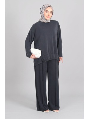 Siyah  Norshen Kadın Ip Bağcık Detaylı Tunik & Bol Paça Pantolon -Takım