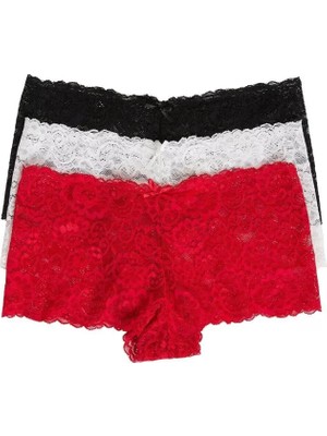 Modenya Kadın Siyah Beyaz Kırmızı 3'lü Paket Dantel Tanga Şort Külot
