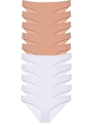 Modenya 10 Adet Süper Eko Set Likralı Kadın Slip Külot Ten Beyaz