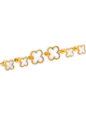Axxion 6’lı Yonca Desenli Çelik Küpe Seti Beyaz Detay Gold Renk Paslanmaz Kararmaz Minimal Şık Kadın Küpe