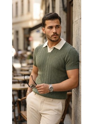 Pileli Store Pilelistore- Erkek Desenli Kısa Kollu Triko Tişört - %100 Pamuk Akrilik