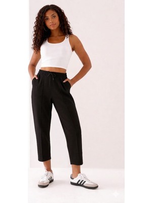 Feville Kadın Beli Lastikli Modal Kumaş Çımalı Bilek Pantolon Yumuşak Dokulu Şık Bağcıklı Pantolon