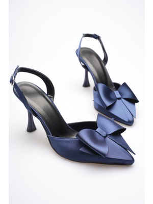 Zerenyus Dublin Premium Lacivert Fiyonklu Saten Slingback Topuklu Ayakkabı