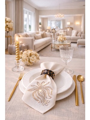 6’lı Lotus Taş Desenli Keten Peçete Seti – 34X34 cm Dekoratif Davet Sofrası Masa Peçetesi