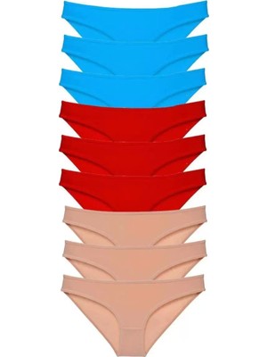 Modenya 9 Adet Süper Eko Set Likralı Kadın Slip Külot Kırmızı Ten Mavi