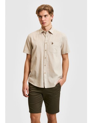 U.S. Polo Assn. Erkek Taş Kısa Kollu Keten Karışımlı Gömlek 50319023-VR049