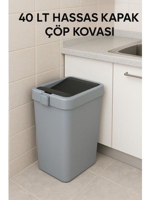 PremiumPort Gri 40 Lt Çöp Kutusu, Hassas Kapaklı, Pratik Kullanım