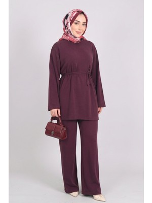 Bordo Norshen Kadın Belden Bağlama Detaylı Tunik & Bol Paça Pantolon - Takım