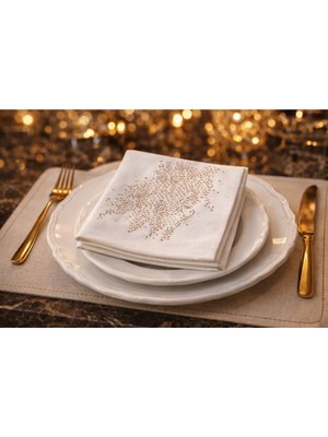 Gold Taşlı Keten Peçete 34X34 cm – Söz Nişan Masa Peçetesi, Davet Sofrası, Işlemeli Çeyizlik Peçete