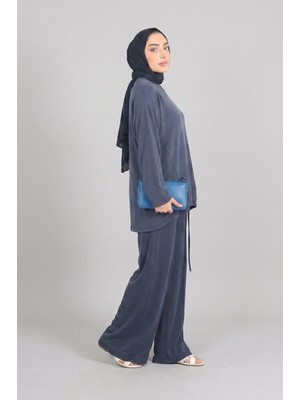 Lacivert  Norshen Kadın Ip Bağcık Detaylı Tunik & Bol Paça Pantolon -Takım