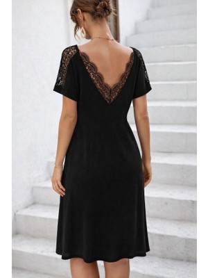 Flamex Kadın Kısa Kollu Dantel V Yakalı Midi Viskon Elbise