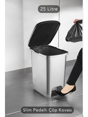 PremiumPort Şık 25 Litre Antrasit Pedallı Banyo ve Mutfak Çöp Kovası