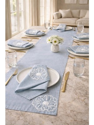 Mavi Kabartma Çiçek Desenli Runner 140X40 & 6’lı Peçete Seti 38X38 Premium Masa Takımı