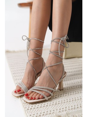 Zerenyus Rouen Premium Bej Taşlı Kadın Topuklu Abiye Sandalet