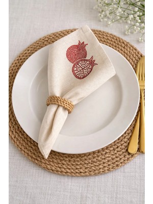 Taşlı Nar Krem Keten Peçete 34X34 cm – Söz Nişan Masa Peçetesi, Davet Sofrası, Çeyizlik Peçete