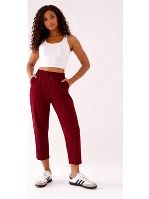 Feville Kadın Beli Lastikli Modal Kumaş Çımalı Bilek Pantolon Yumuşak Dokulu Şık Bağcıklı Pantolon