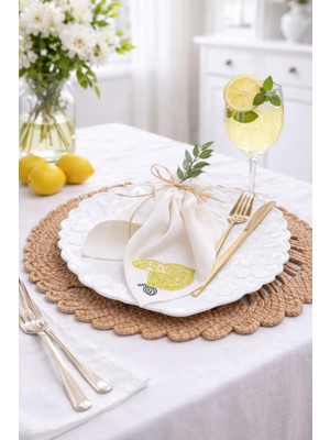6’lı Limon Taş Işlemeli Keten Peçete – 34X34 cm Davet Sofrası Masa Peçetesi Seti