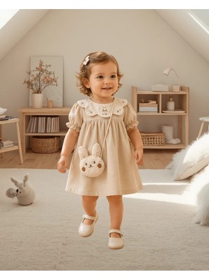 Mimo %100 Pamuk Kız Bebek Elbise I Nakışlı Yaka Tavşan Çantalı 9-24 Ay 4221