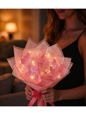 B&Nine LED Işıklı Pembe Kelebek Buketi Dekoratif Konsept Hediye Anneye, Sevgiliye, Arkadaşa