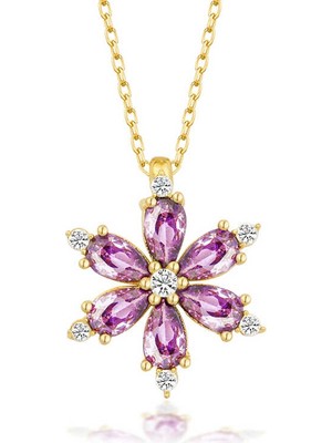 Elwes 925 Ayar Gümüş Gold Mor Lotus Çiçeği Kadın Kolye