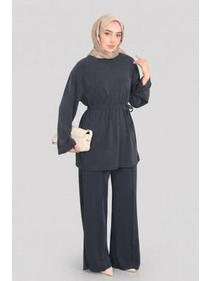 Siyah Norshen Kadın Belden Bağlama Detaylı Tunik & Bol Paça Pantolon - Takım