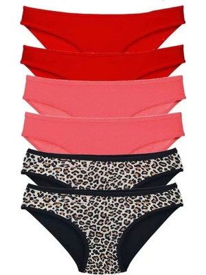 Modenya 6 Adet Likralı Kadın Slip Külot Leopar Kırmızı Fuşya
