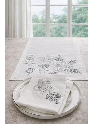 Taş ve Boncuk Işlemeli 1 Adet Runner 40X140 ve 6’lı Peçete Seti 38X38 Zarif ve Şık Masa Takımı”,