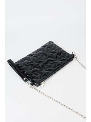 Vivaq Kadın Siyah Yıldız Nakışlı Rugan Deri Bilek ve Zincir Askılı Portföy El ve Clutch Çanta