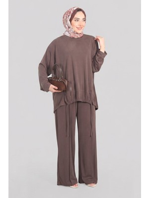 Kahverengi  Norshen Kadın Ip Bağcık Detaylı Tunik & Bol Paça Pantolon -Takım