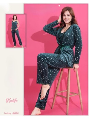 Modella Life Kadife Dantel Detaylı  Desenli 3'lü Sabahlıklı Pijama Takımı