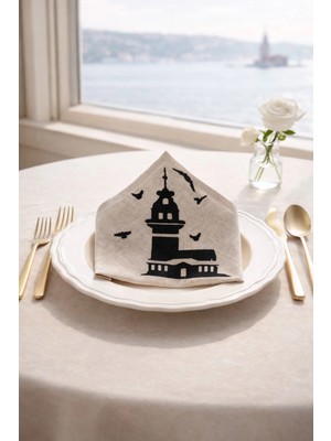 6 Lı Kızkulesi Desenli Kadife Dokulu Keten Bej Peçete– 34X34 cm Davet Sofrası Masa Peçetesi Seti