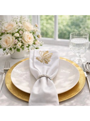 Simli Gold Kelebek Keten Peçete 34X34 cm – Söz Nişan Masa Peçetesi, Davet Sofrası, Çeyizlik